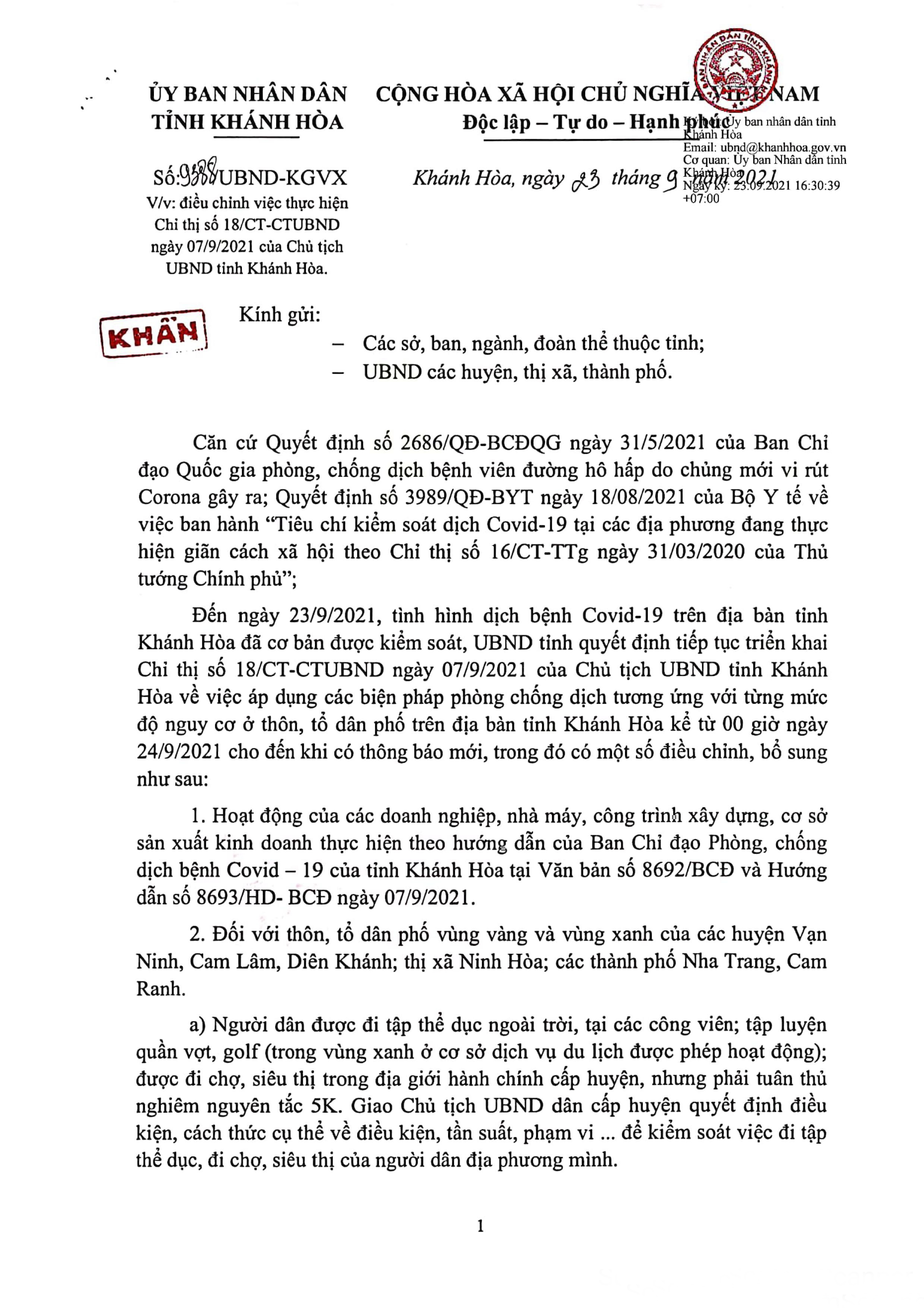 UBND tỉnh Khánh Hòa điều chỉnh thực hiện các biện pháp phòng, chống dịch Covid-19 từ ngày 24/9/2021